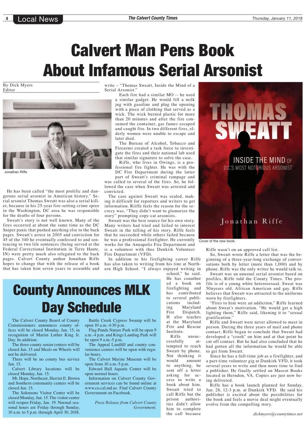 Newspaper clipping: Calvert Man Writes Book About Serial Arsonist Thomas Sweatt